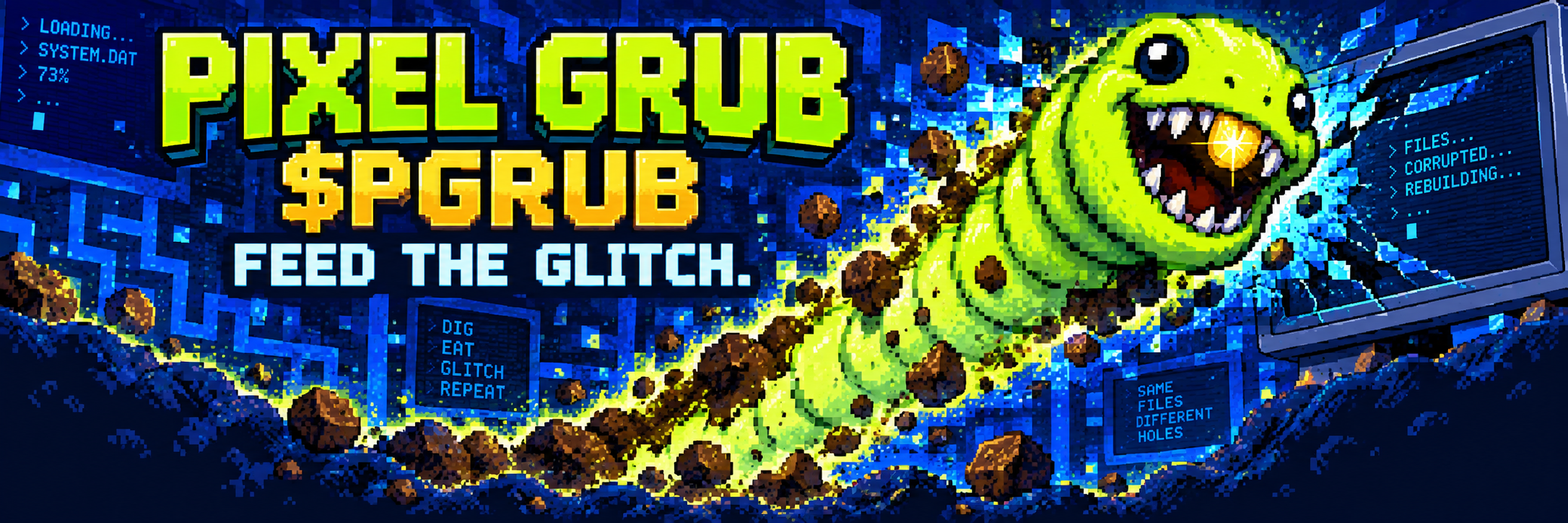 Pixel Grub tunnelling through a blue digital maze