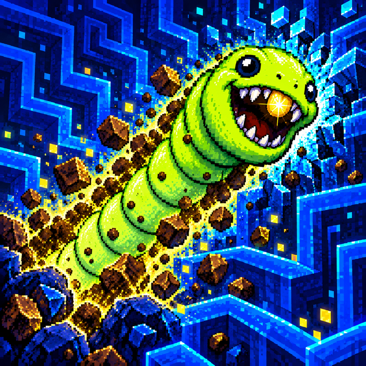 Pixel Grub burrowing through a glowing cobalt digital maze